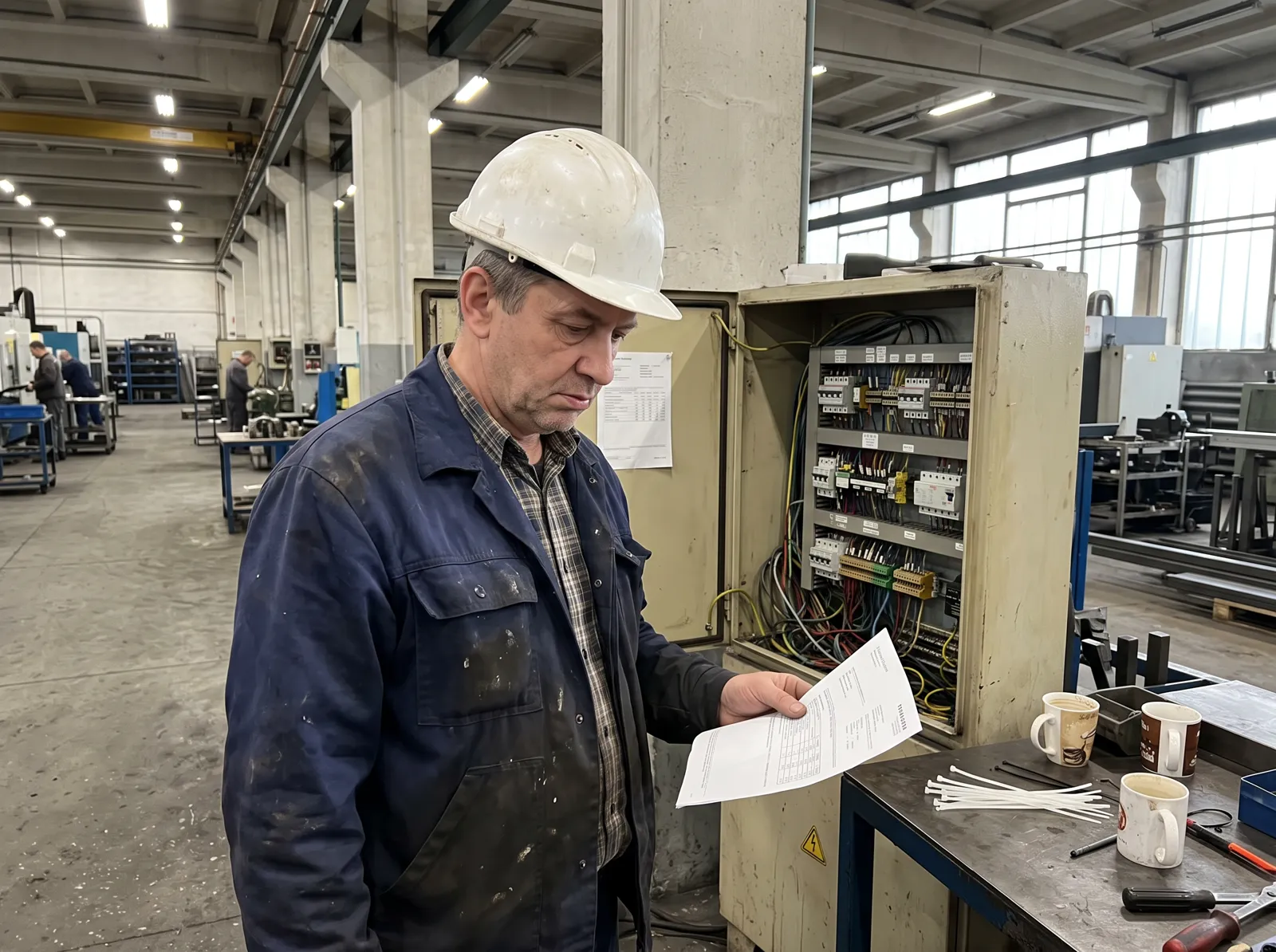 Elektryk sprawdza rozdzielnię elektryczną w hali produkcyjnej