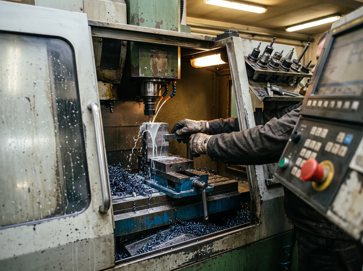 Komora robocza obrabiarki CNC, detal w imadle, chłodziwo i wióry stalowe