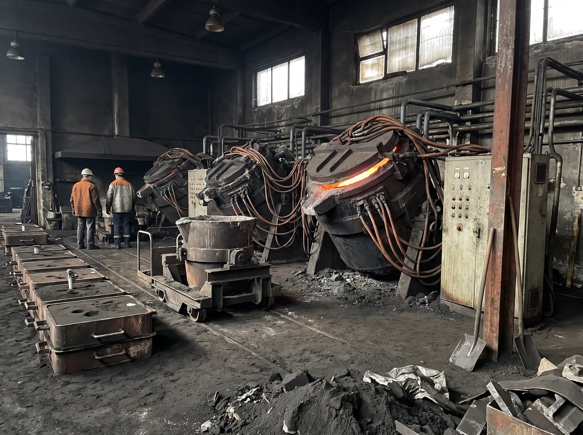 Piece indukcyjne w hali odlewni żeliwa, w jednym żarzy się roztopiony metal